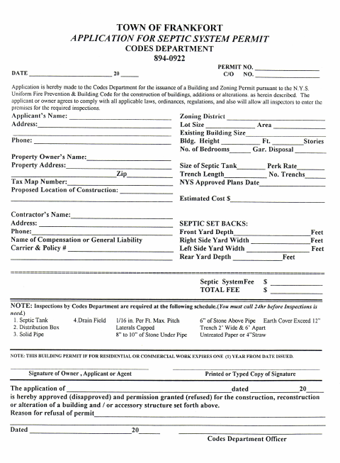 First page of the Septic System Permit Application