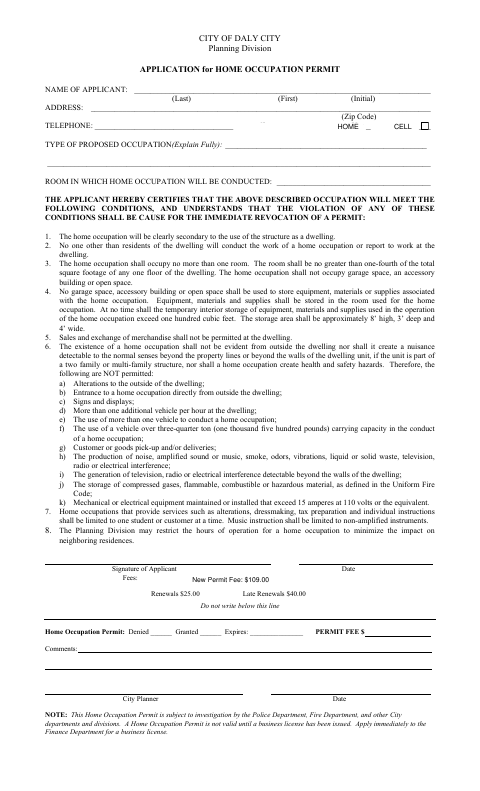 First page of the Application for Home Occupation Permit