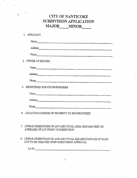 First page of the Subdivision Application (Major-Minor)
