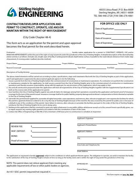 First page of the Right-of-Way Application/Permit for Contractors