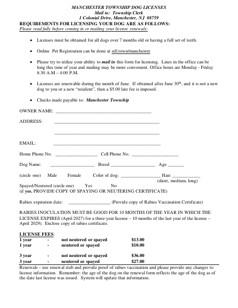 First page of the Dog License Application and Renewal Form