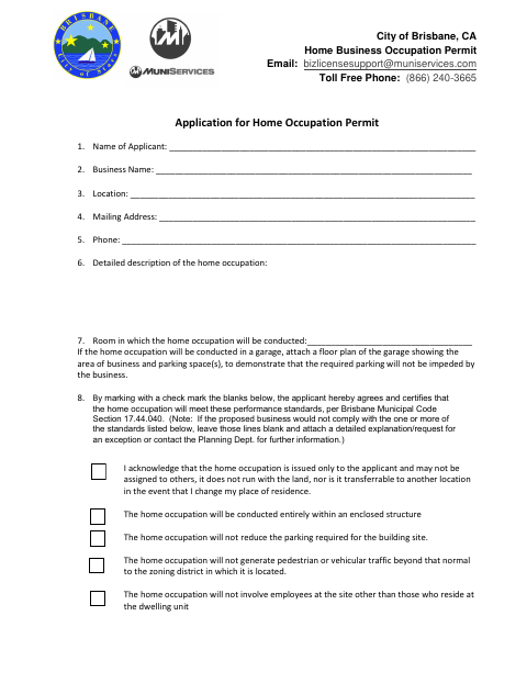First page of the Application for Home Occupation Permit