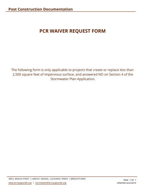 First page of the Stormwater Post-Construction Requirements Waiver Request Form