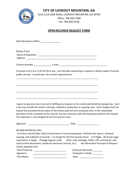 First page of the Open Records Request Form