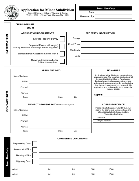 First page of the Minor Subdivision Application