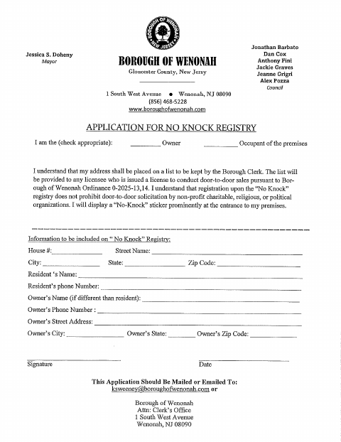 First page of the No Knock Registry Application