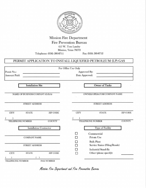 First page of the LP Tank Permit Application