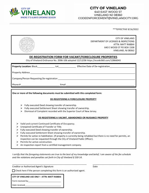 First page of the Vacant and Foreclosure Properties De-Registration Form
