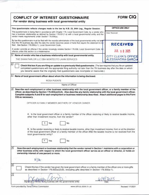 First page of the Conflict of Interest Questionnaire for Vendors