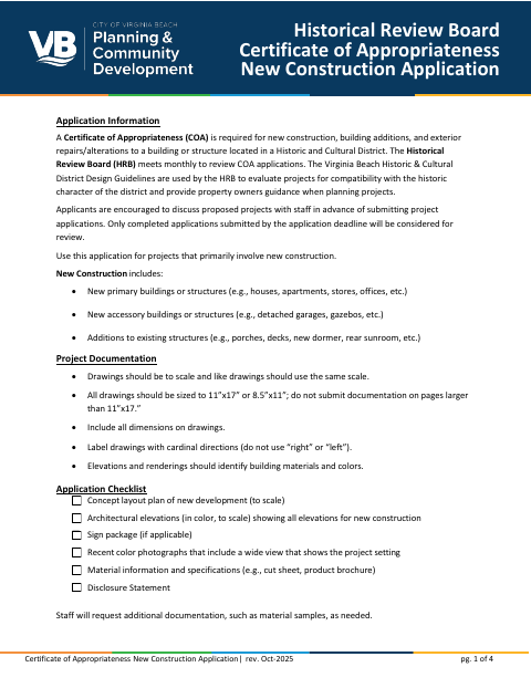 First page of the Certificate of Appropriateness New Construction Application