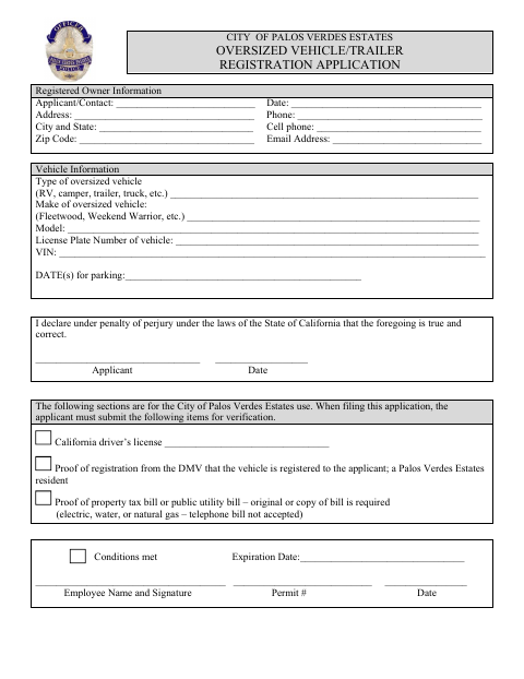 First page of the Oversized Vehicle/Trailer Registration Application