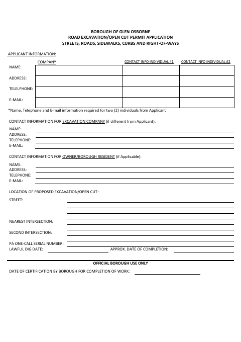 First page of the Road Excavation/Open Cut Permit Application