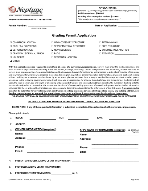 First page of the Grading Permit Application