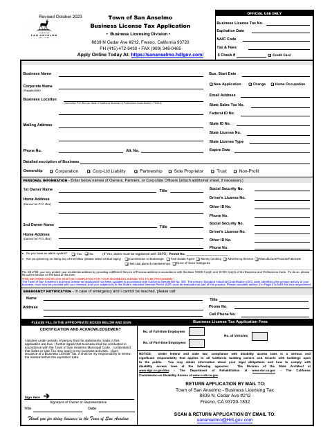 First page of the Business License Tax Application