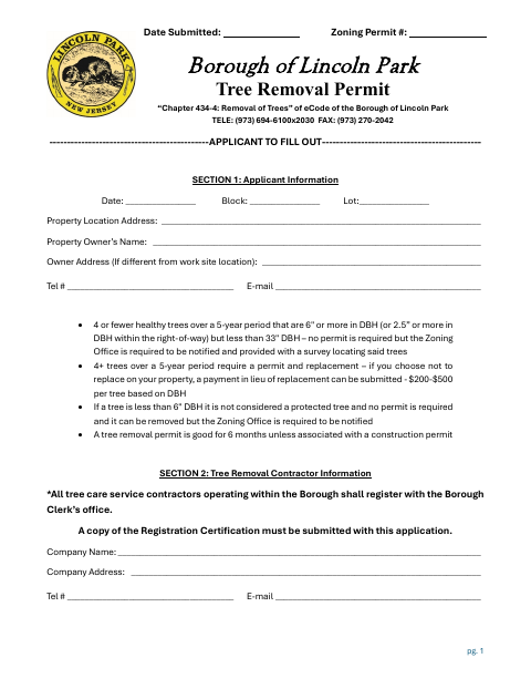 First page of the Tree Removal Application