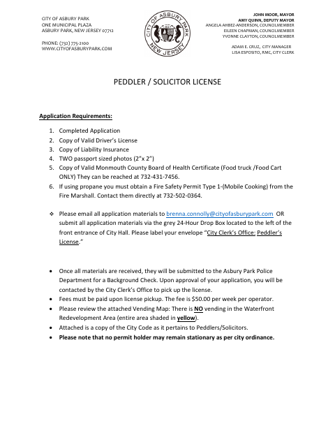First page of the Peddler / Solicitor License Application