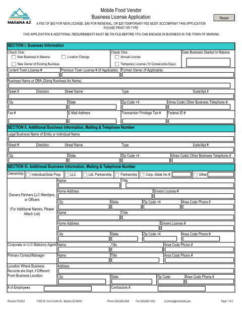 First page of the Mobile Food Vendor License Application