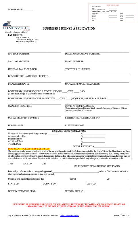 First page of the Business License Application
