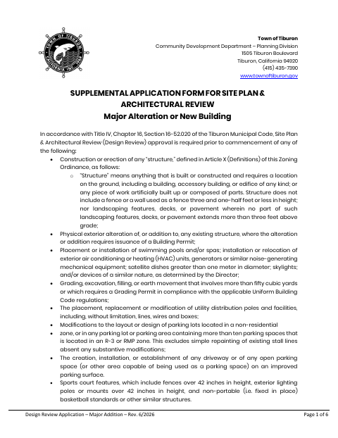 First page of the Supplemental Site Plan and Architectural Review Application for Major Alteration or New Building