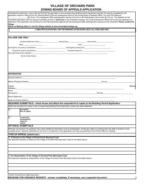First page of the Zoning Board of Appeals Application