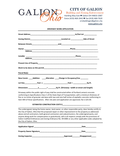 First page of the Driveway Work Application