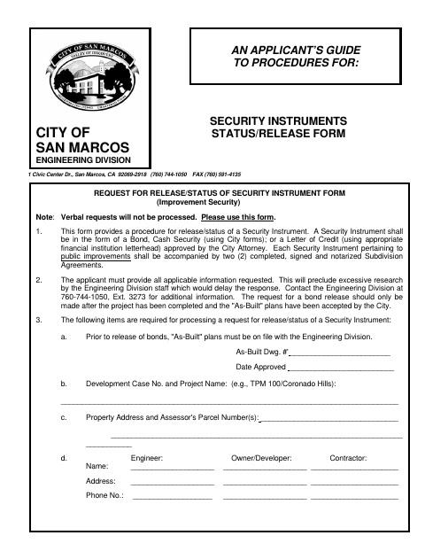 First page of the Security Instruments Status/Release Form