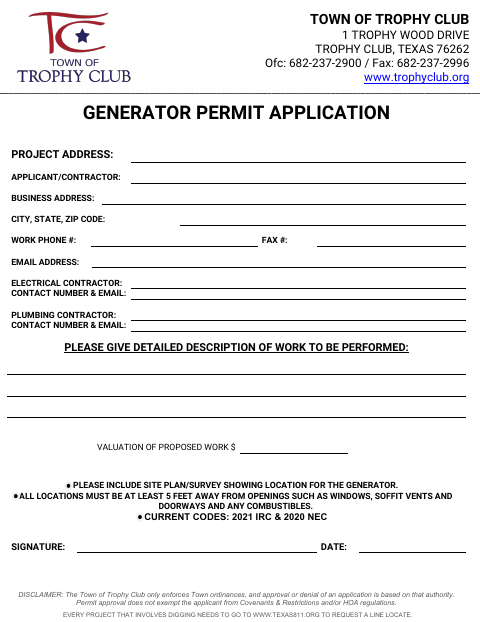 First page of the Generator Permit Application