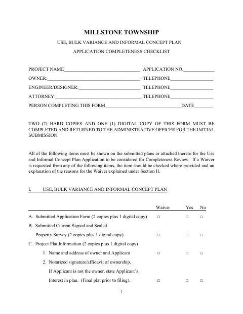 First page of the Use, Bulk Variance and Informal Concept Plan Application Completeness Checklist