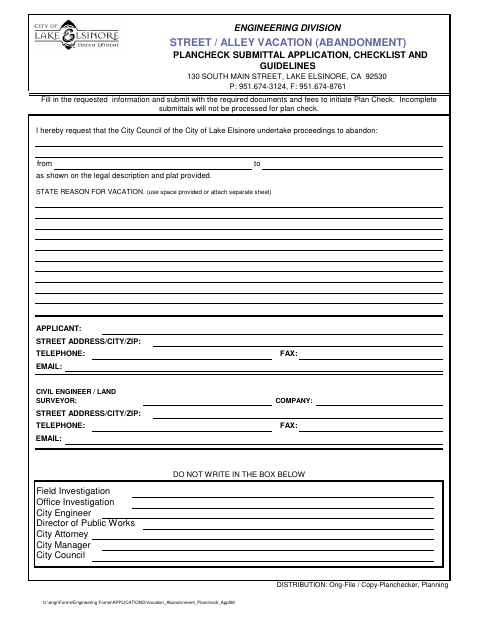 First page of the Street / Alley Vacation (Abandonment) Plancheck Submittal Application, Checklist and Guidelines