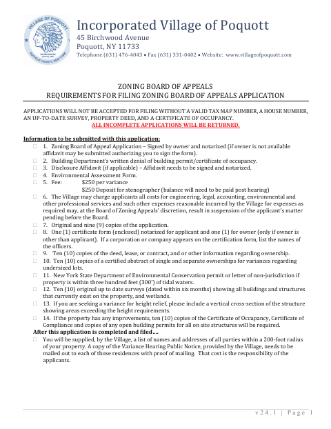 First page of the Zoning Board of Appeals Application