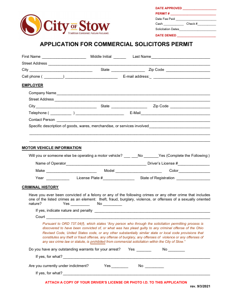 First page of the Application for Commercial Solicitors Permit
