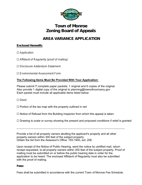 First page of the Area Variance Application Packet