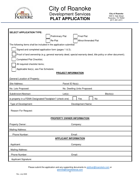 First page of the Plat Application and Property Owner Affidavit