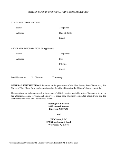 First page of the Tort Claim Form