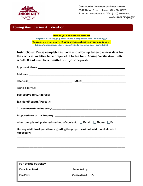 First page of the Zoning Verification Application