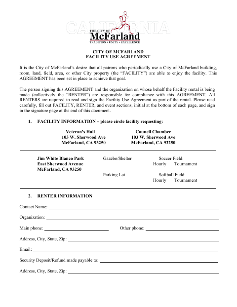 First page of the Facility Use Agreement