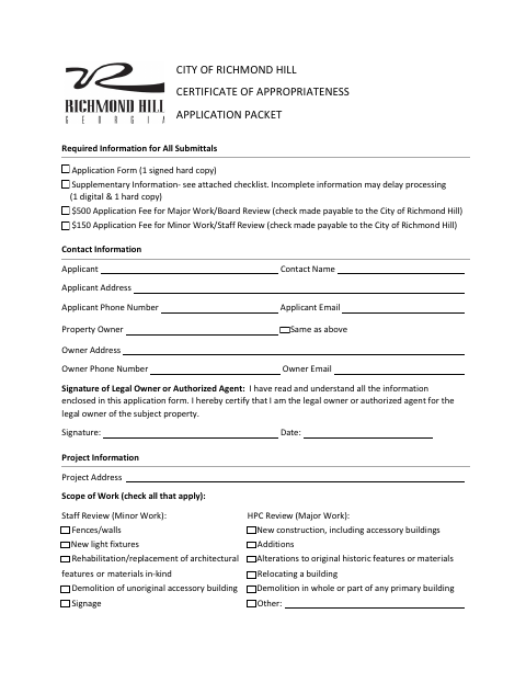 First page of the Certificate of Appropriateness Application