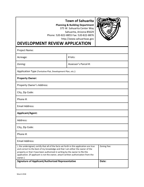 First page of the Development Review Application