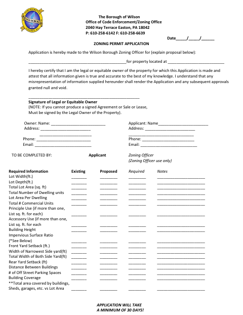 First page of the Zoning Permit Application