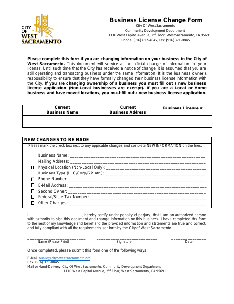First page of the Business License Change Form