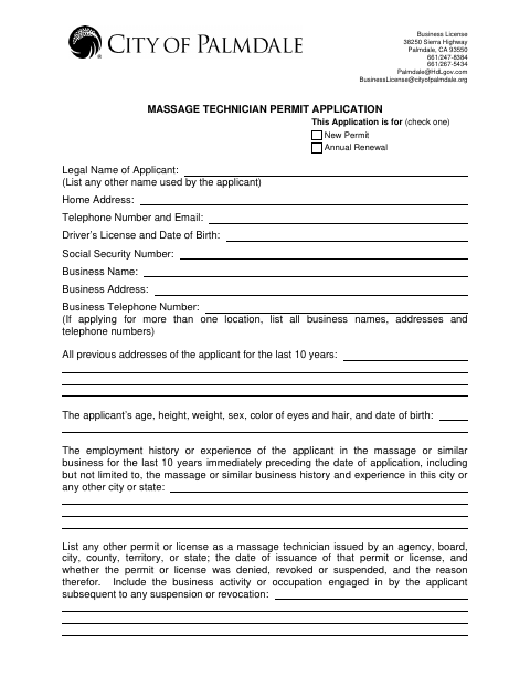 First page of the Massage Technician Permit Application