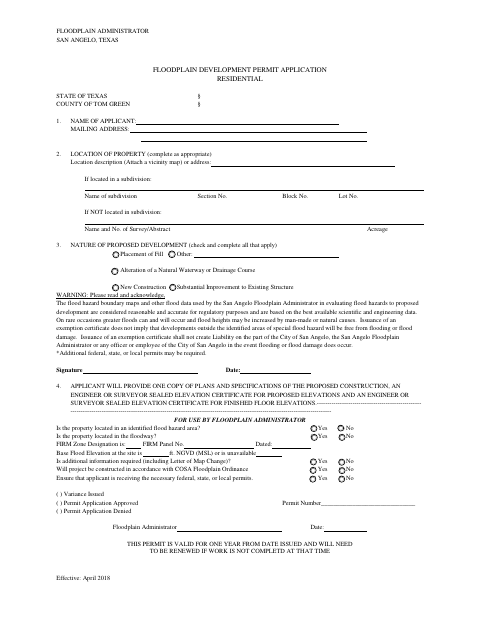 First page of the Floodplain Development Permit Application Residential