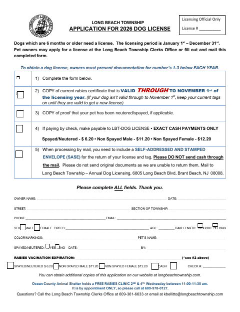 First page of the Application for 2026 Dog License