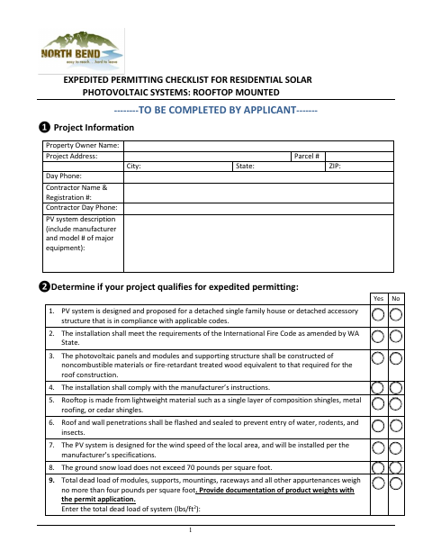 First page of the Expedited Permitting Checklist for Residential Rooftop Solar Photovoltaic Systems