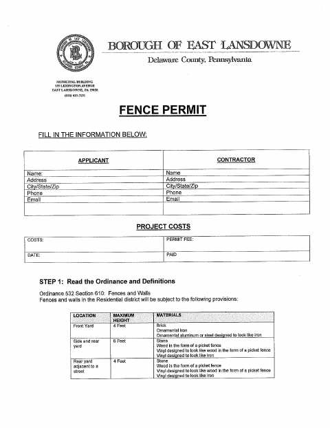 First page of the Fence Permit