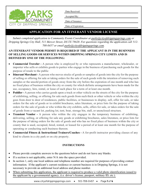 First page of the Itinerant Vendor License Application