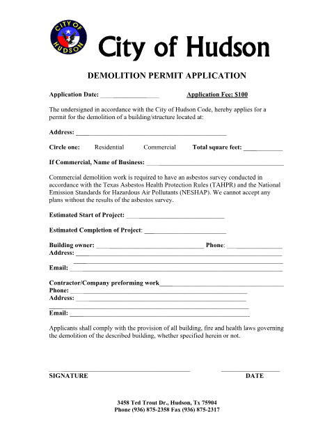 First page of the Demolition Permit Application