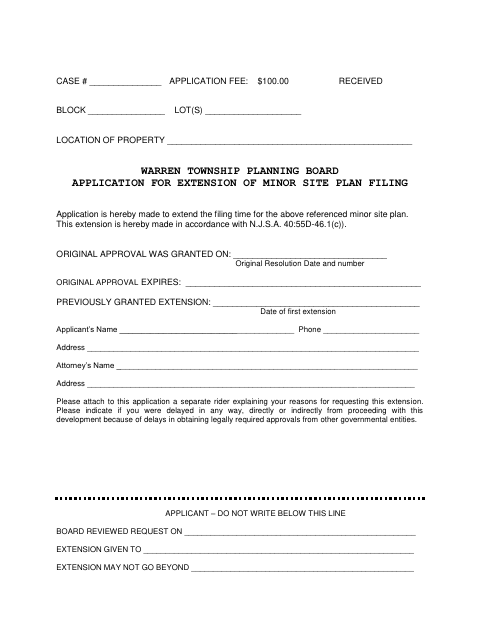 First page of the Application for Extension of Minor Site Plan Filing