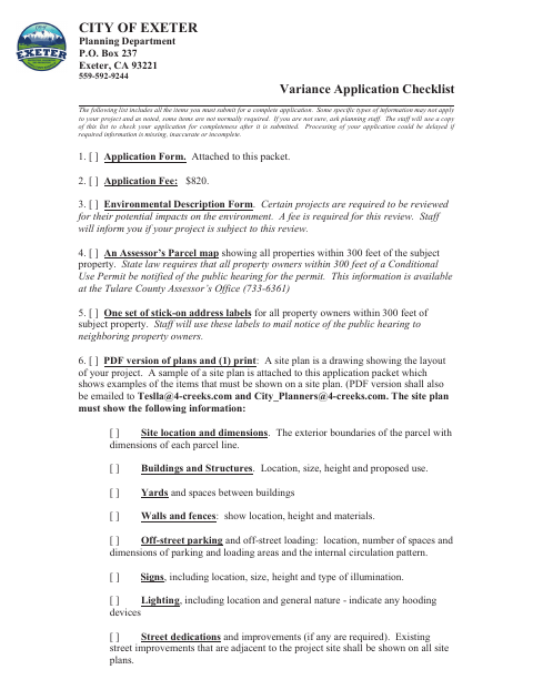 First page of the Variance Application Checklist