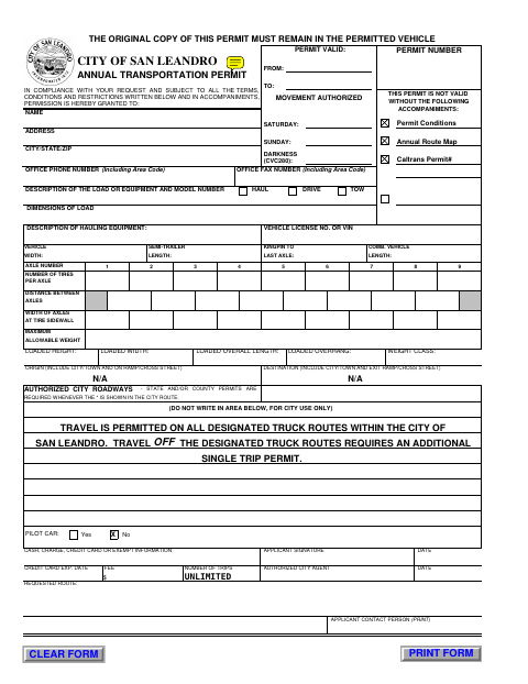 First page of the Annual Transportation Permit